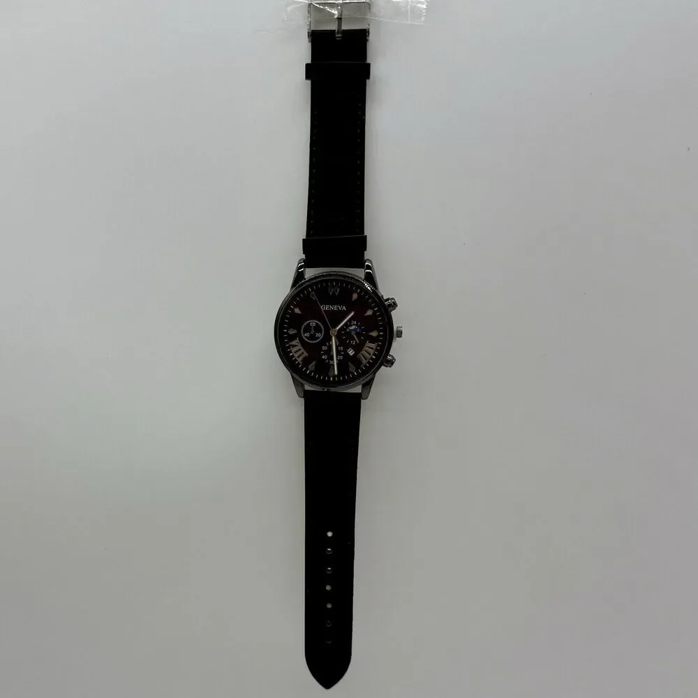 Geneva Black Leather Band Watch With Matching‎ Black Leather Wristband